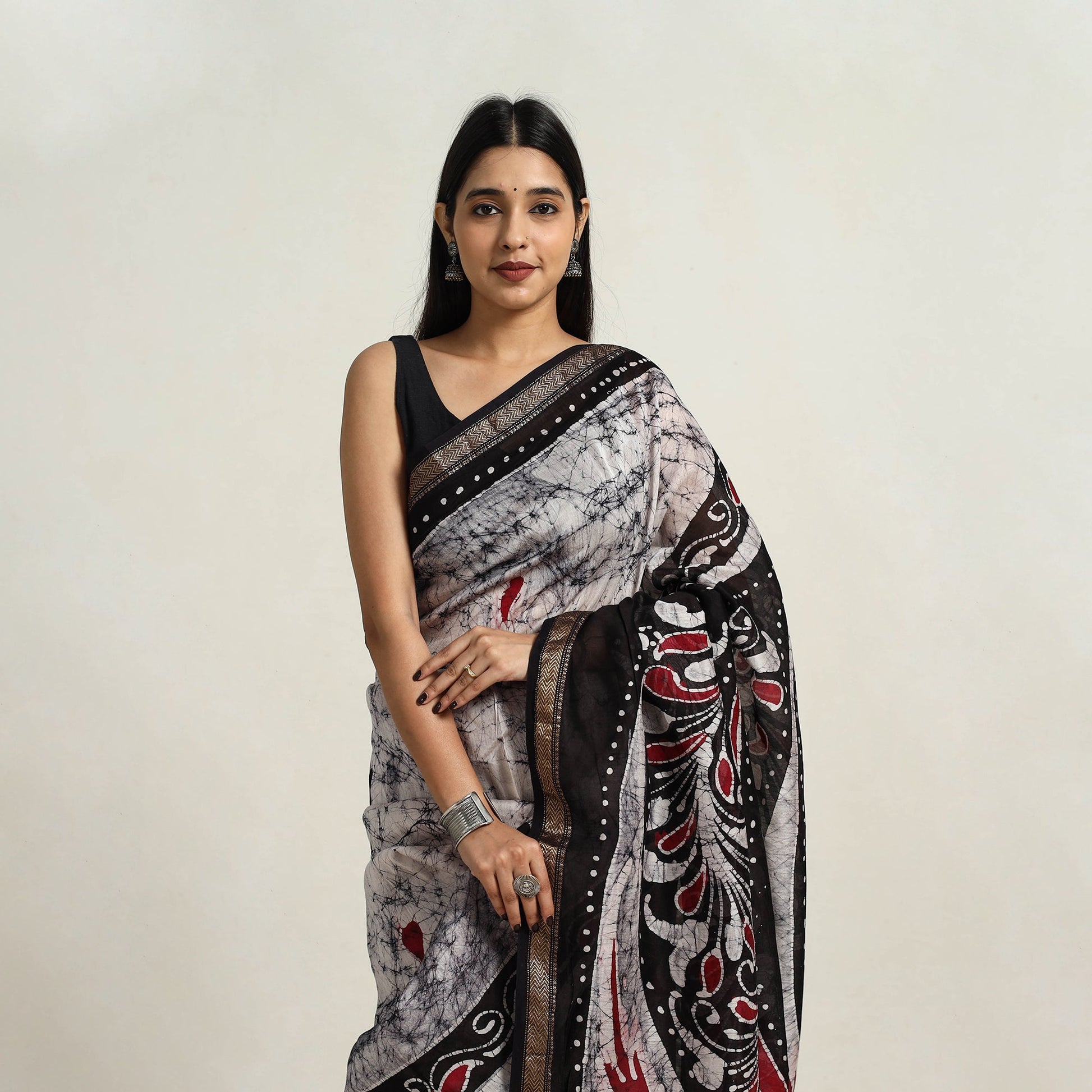 Black - Silk Cotton Hand Batik Print Saree with Blouse 13