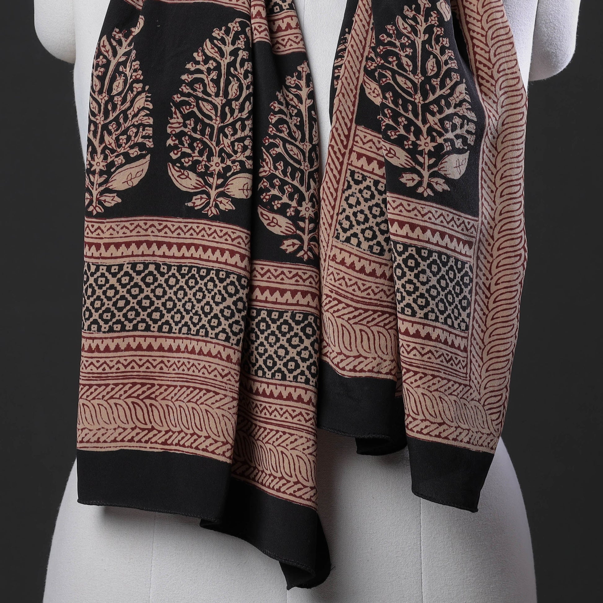 Brown - Bagh Block Printing Natural Dyed Crepe Silk Stole