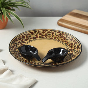 Brown - Handpainted Ceramic Chip-n-Dip Platter with 2 Fixed Dip Bowls