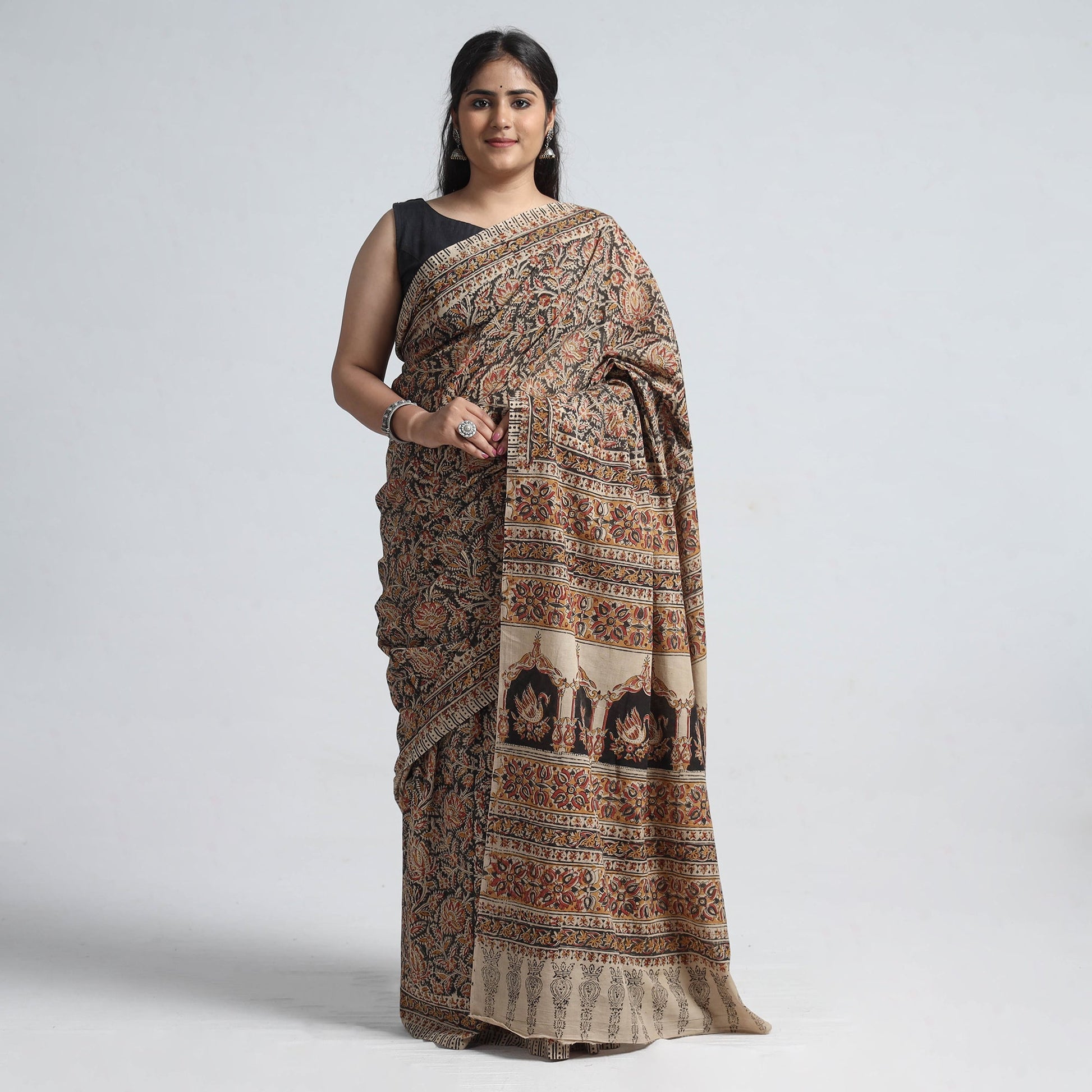 Brown - Pedana Block Print Cotton Kalamkari Saree