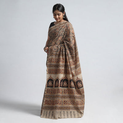 Brown - Pedana Block Print Cotton Kalamkari Saree