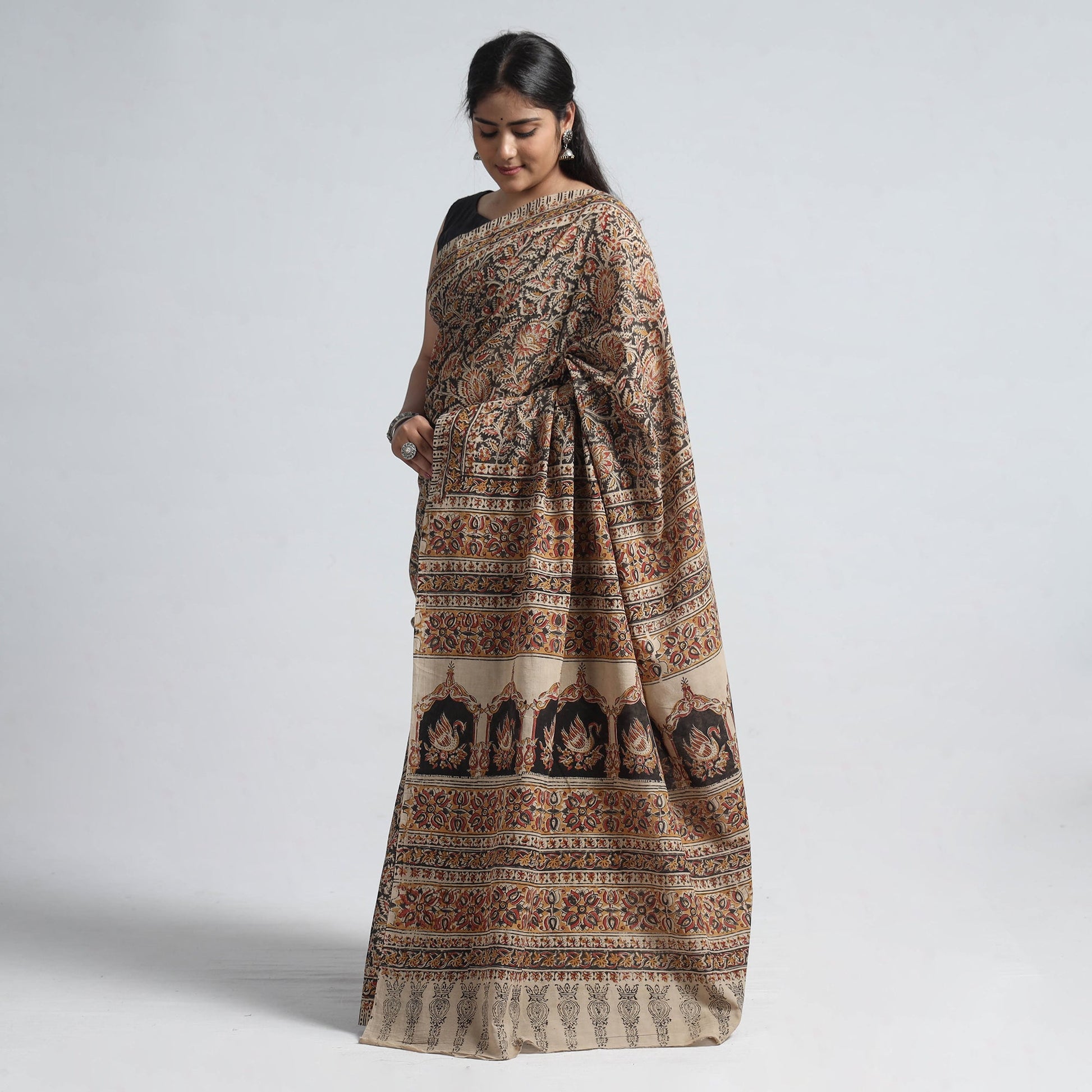 Brown - Pedana Block Print Cotton Kalamkari Saree