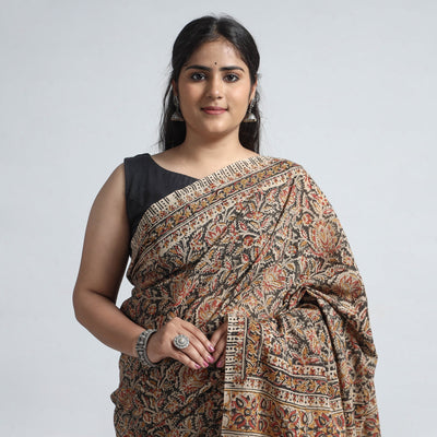 Brown - Pedana Block Print Cotton Kalamkari Saree