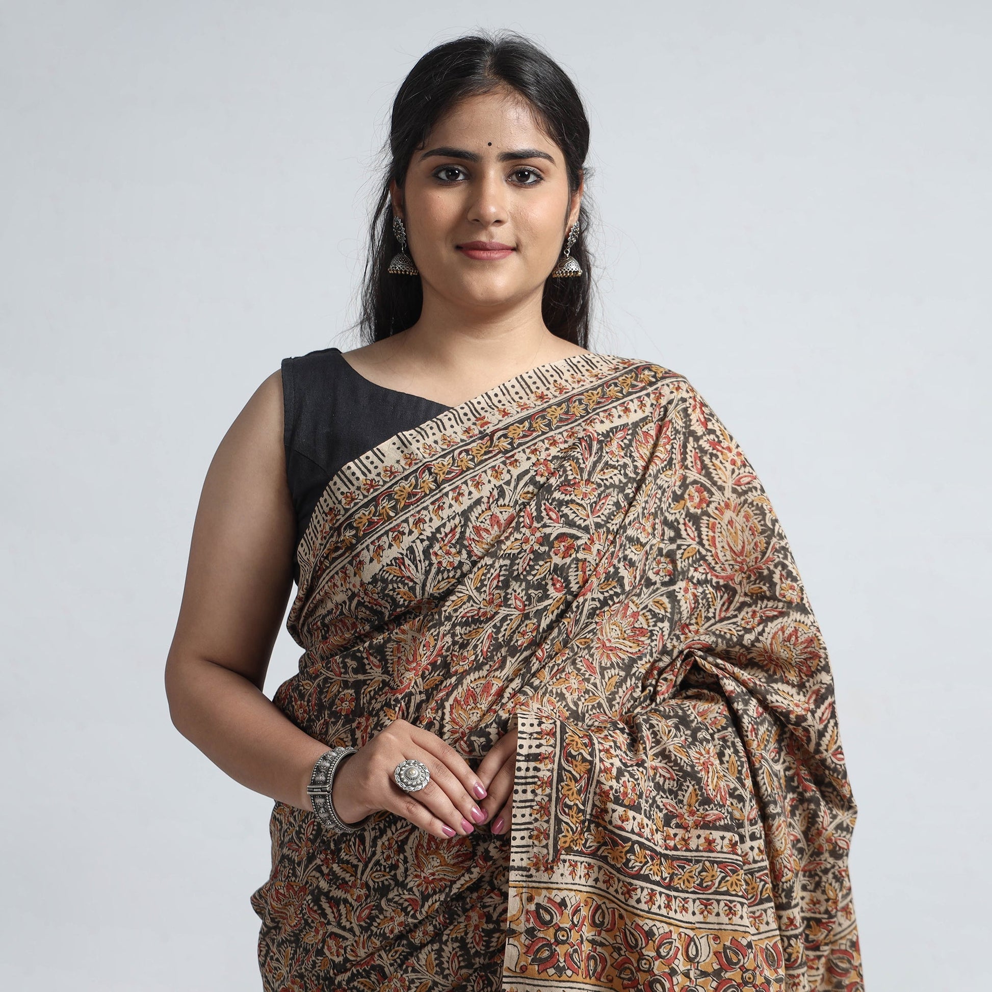 Brown - Pedana Block Print Cotton Kalamkari Saree