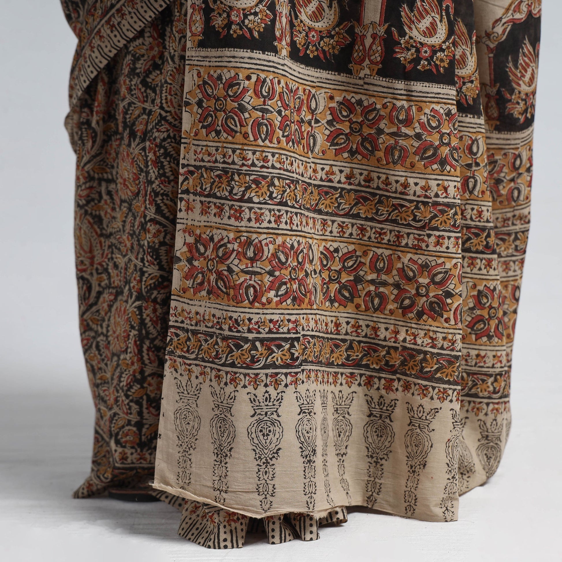 Brown - Pedana Block Print Cotton Kalamkari Saree