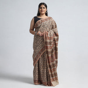 Brown - Pedana Block Print Cotton Kalamkari Saree