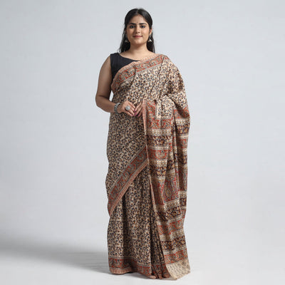 Brown - Pedana Block Print Cotton Kalamkari Saree