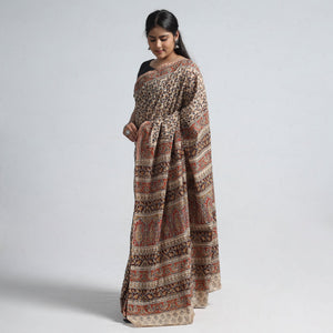 Brown - Pedana Block Print Cotton Kalamkari Saree