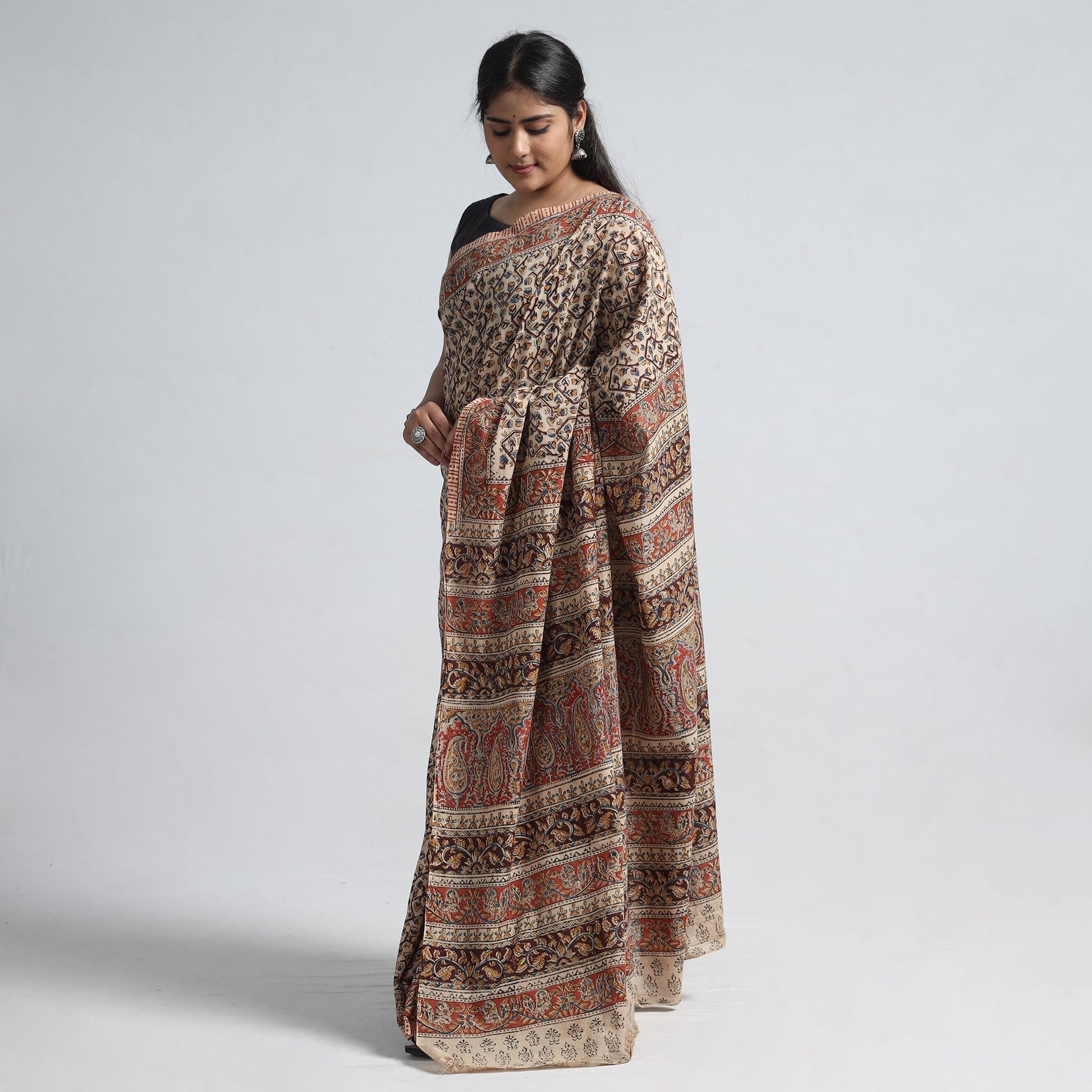 Brown - Pedana Block Print Cotton Kalamkari Saree