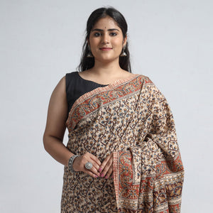 Brown - Pedana Block Print Cotton Kalamkari Saree