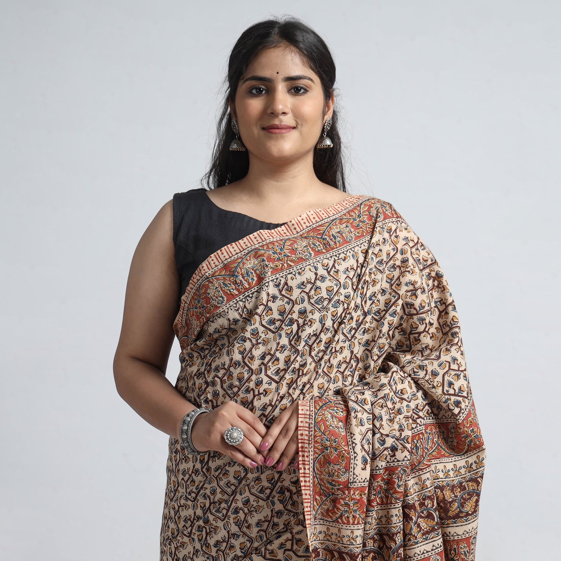Brown - Pedana Block Print Cotton Kalamkari Saree