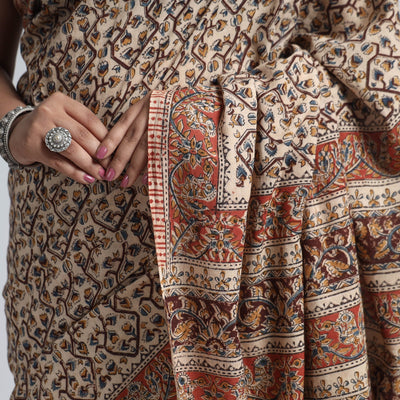 Brown - Pedana Block Print Cotton Kalamkari Saree