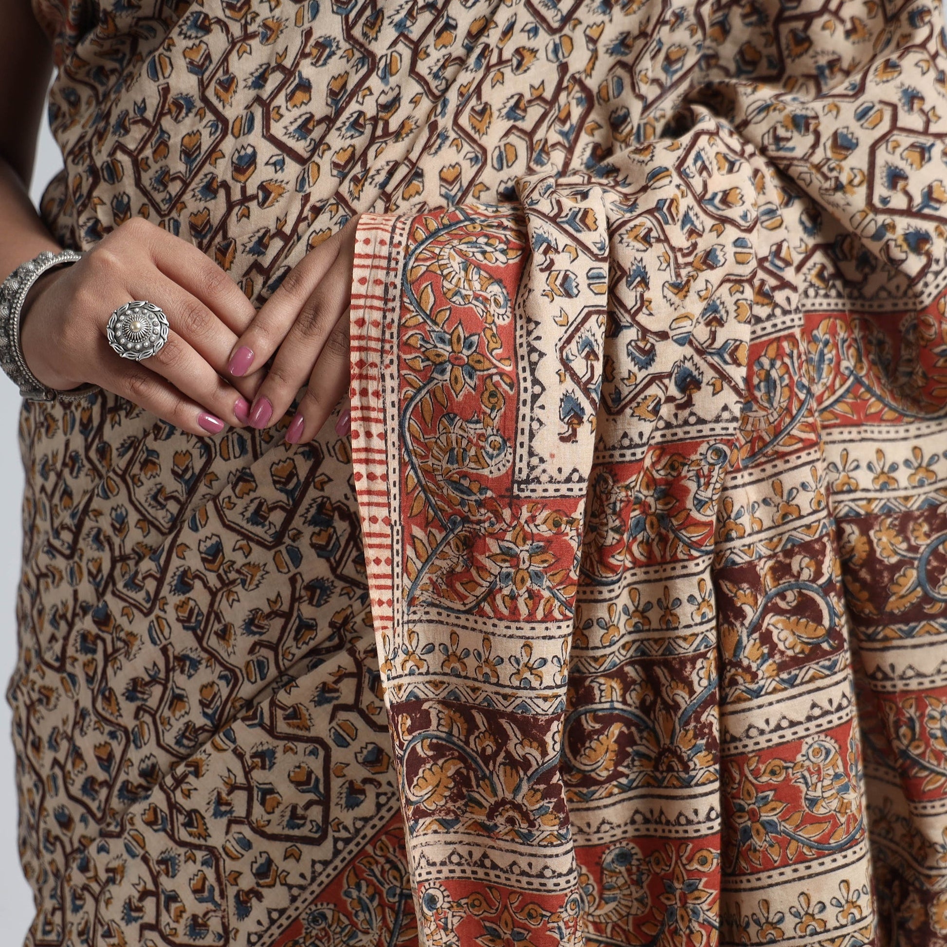 Brown - Pedana Block Print Cotton Kalamkari Saree