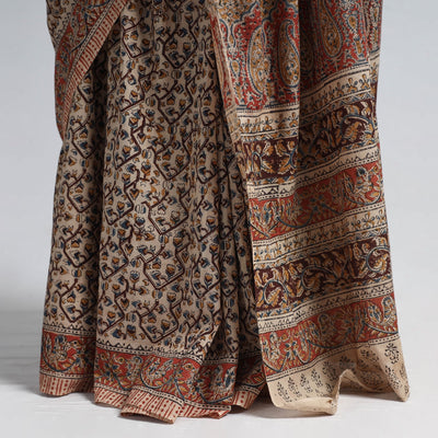 Brown - Pedana Block Print Cotton Kalamkari Saree