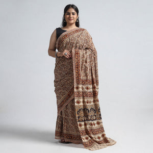 Brown - Pedana Block Print Cotton Kalamkari Saree