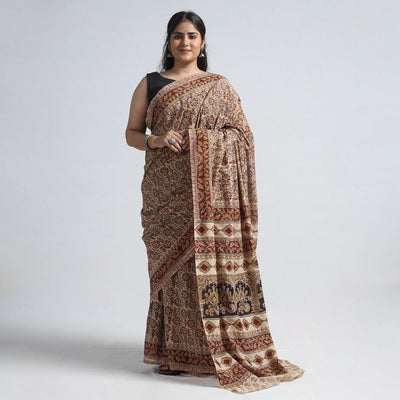 Brown - Pedana Block Print Cotton Kalamkari Saree