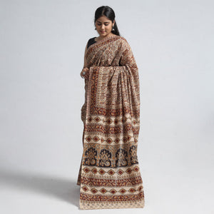 Brown - Pedana Block Print Cotton Kalamkari Saree