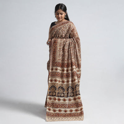 Brown - Pedana Block Print Cotton Kalamkari Saree