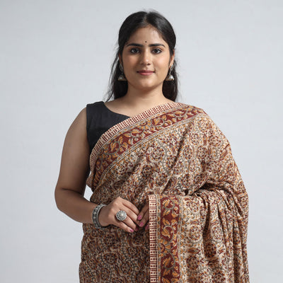 Brown - Pedana Block Print Cotton Kalamkari Saree