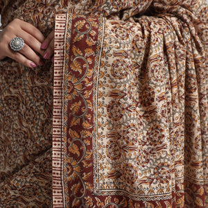 Brown - Pedana Block Print Cotton Kalamkari Saree