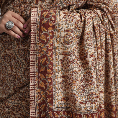 Brown - Pedana Block Print Cotton Kalamkari Saree