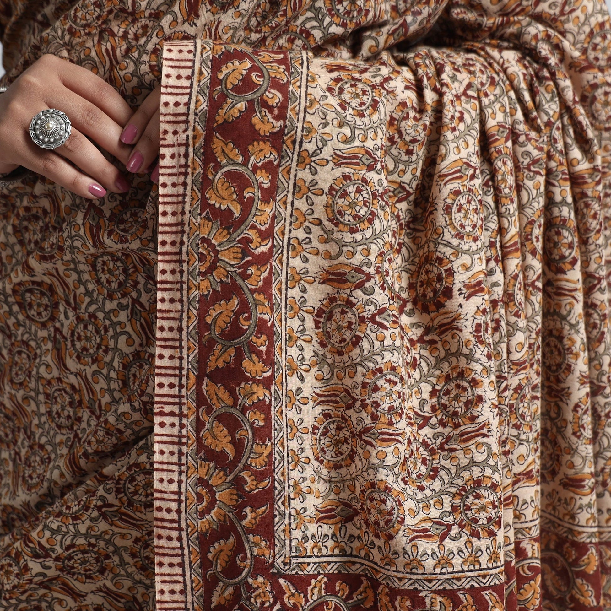 Brown - Pedana Block Print Cotton Kalamkari Saree