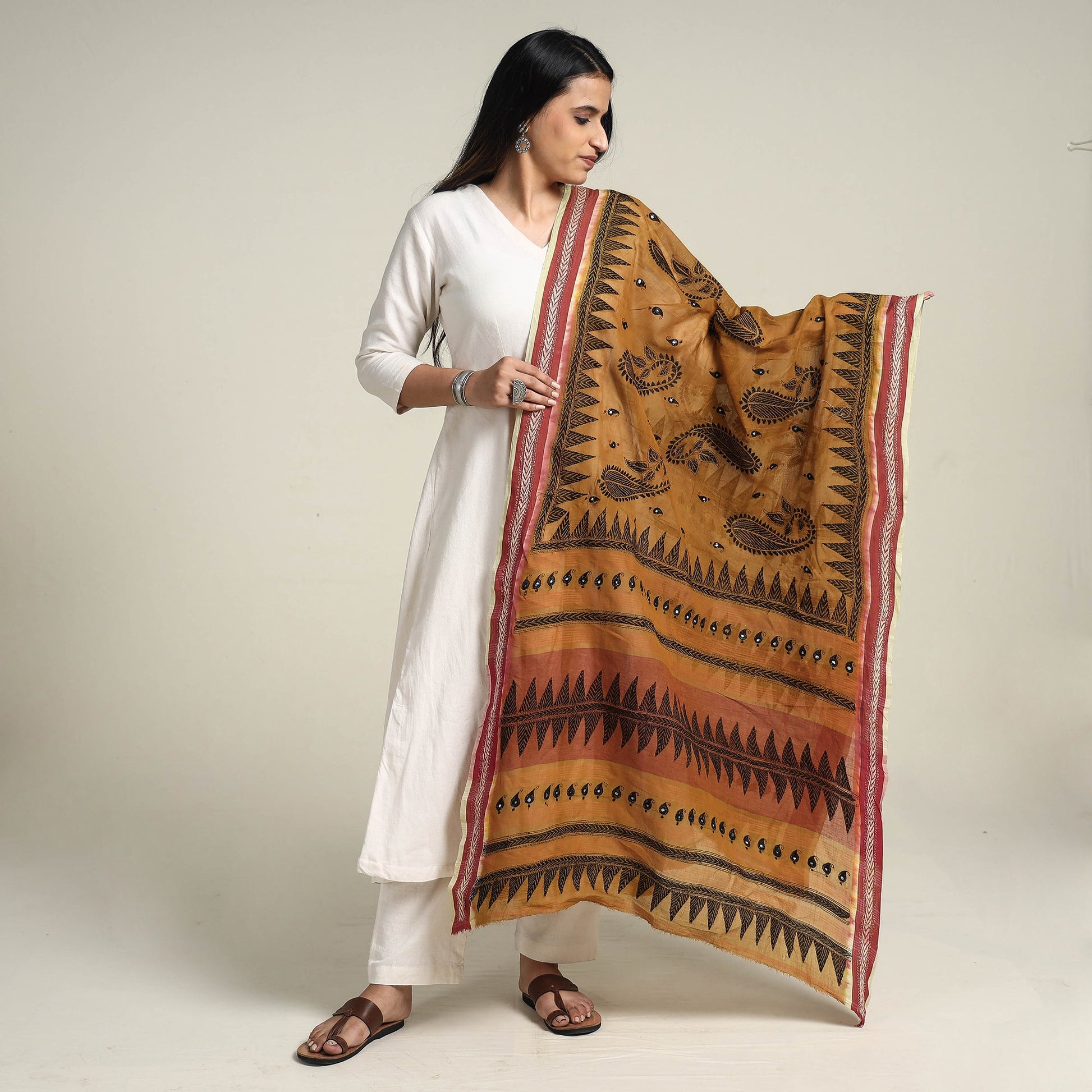 Brown - Bengal Kantha Embroidered Cotton Handloom Dupatta