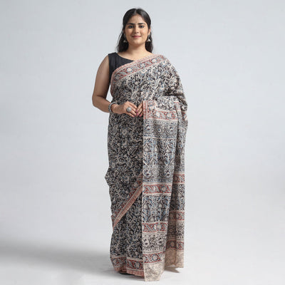 Black - Pedana Block Print Cotton Kalamkari Saree