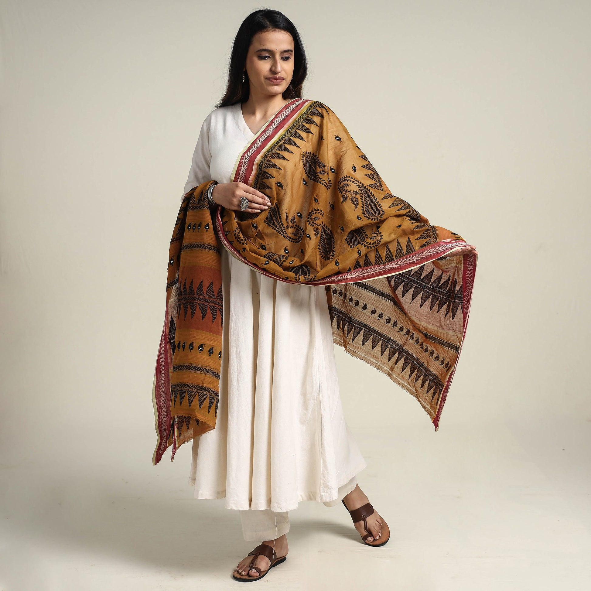 Brown - Bengal Kantha Embroidered Cotton Handloom Dupatta
