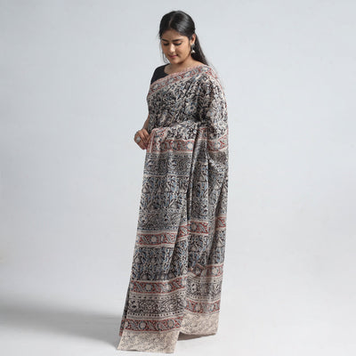 Black - Pedana Block Print Cotton Kalamkari Saree