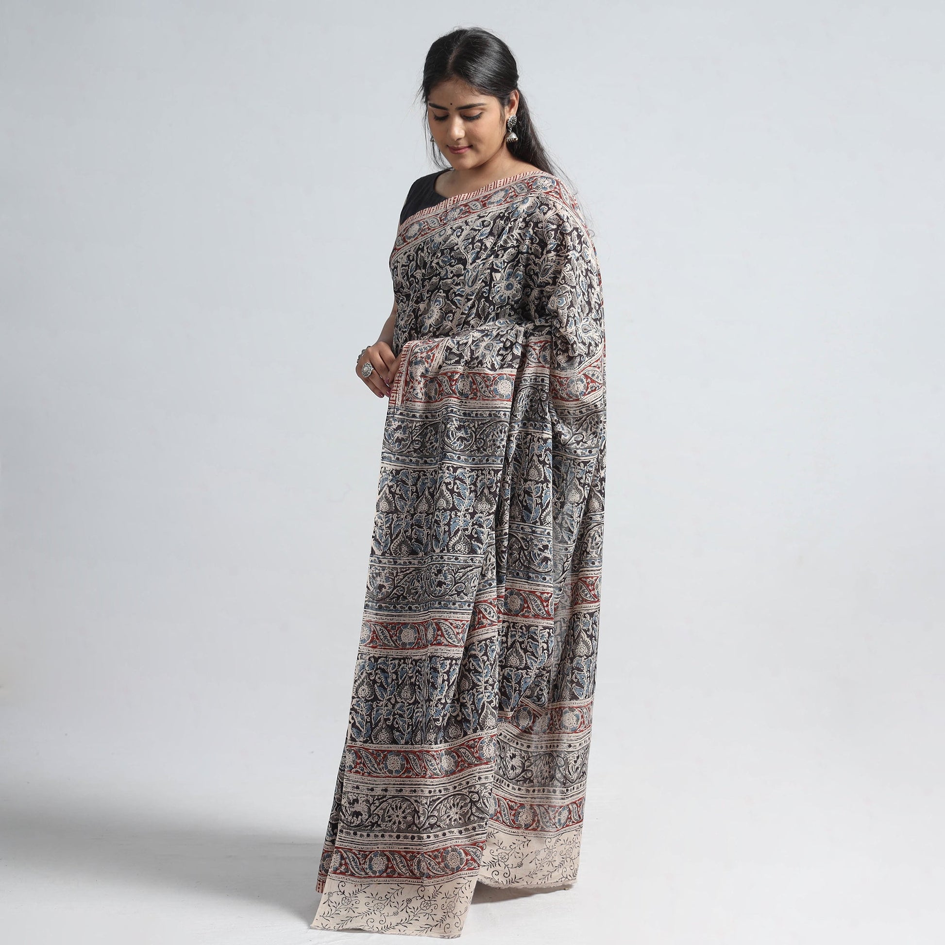 Black - Pedana Block Print Cotton Kalamkari Saree