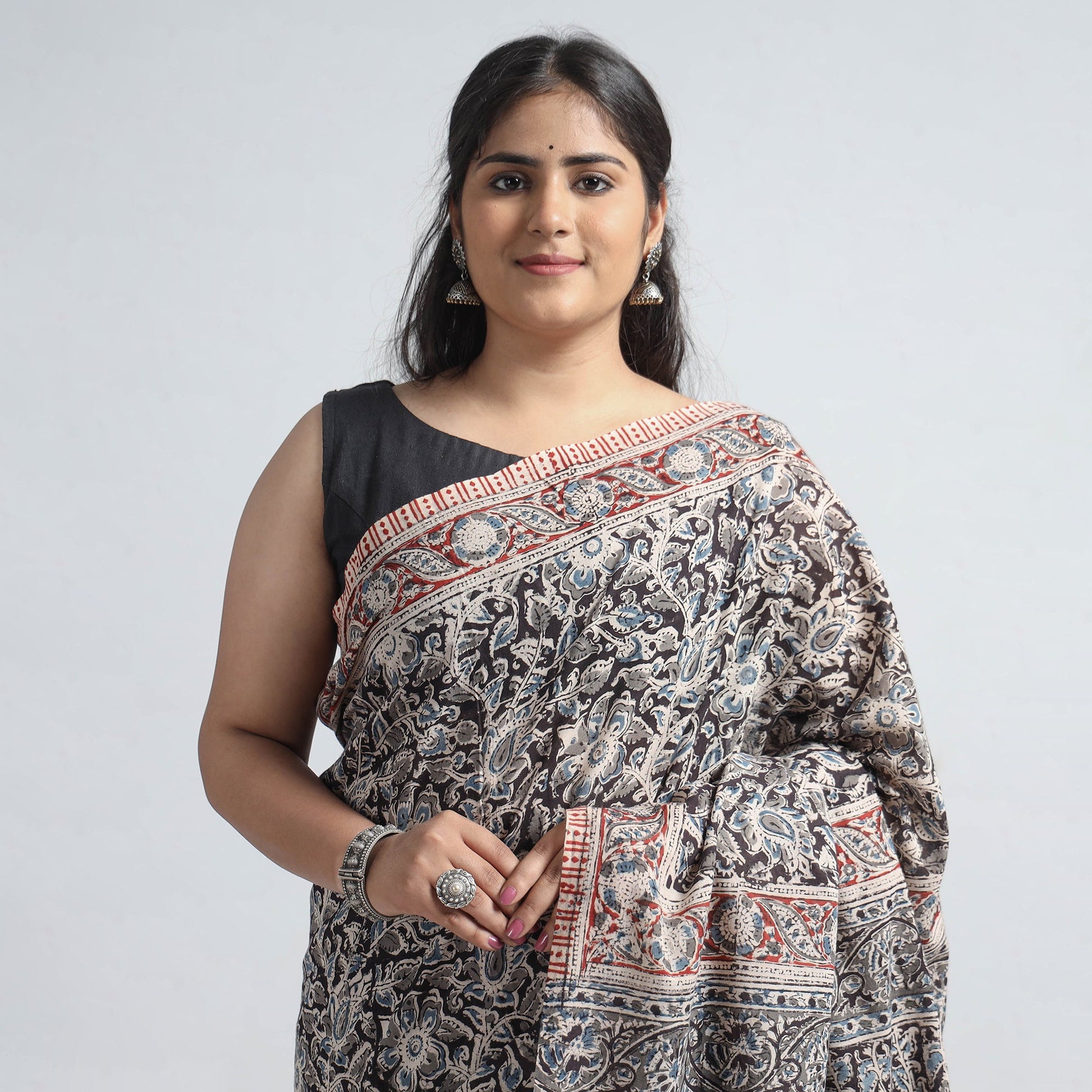 Black - Pedana Block Print Cotton Kalamkari Saree