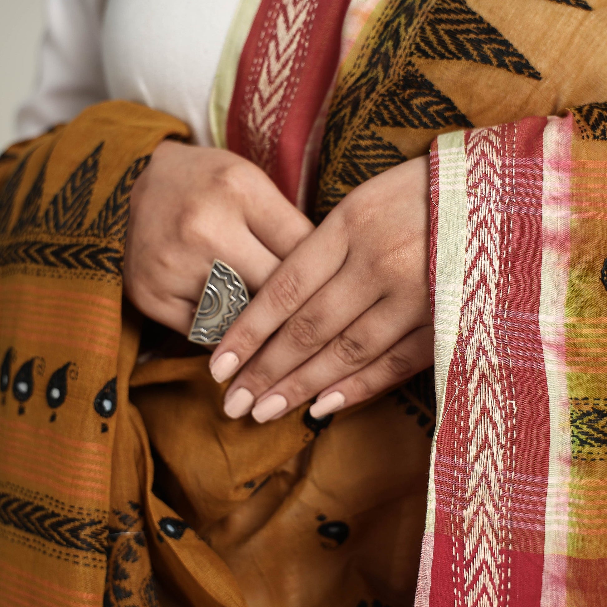 Brown - Bengal Kantha Embroidered Cotton Handloom Dupatta