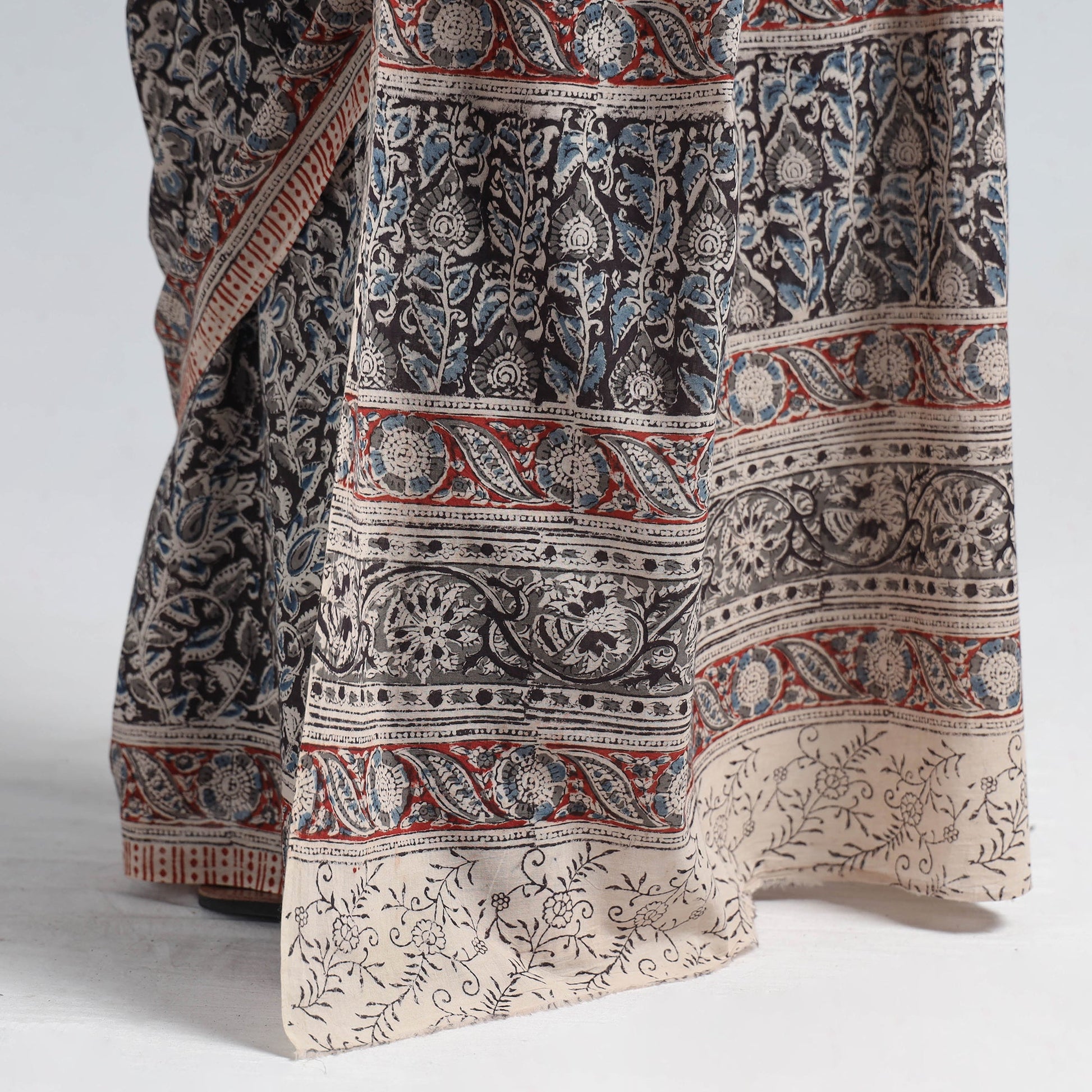Black - Pedana Block Print Cotton Kalamkari Saree
