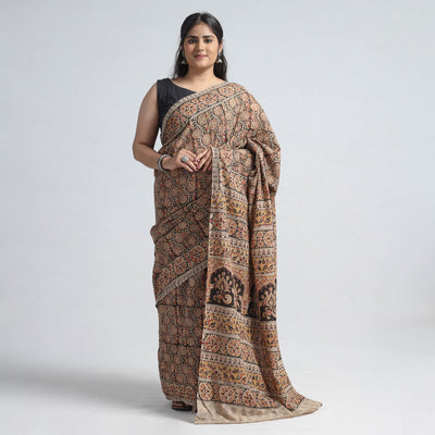 Brown - Pedana Block Print Cotton Kalamkari Saree