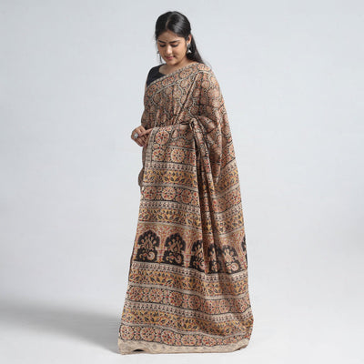 Brown - Pedana Block Print Cotton Kalamkari Saree