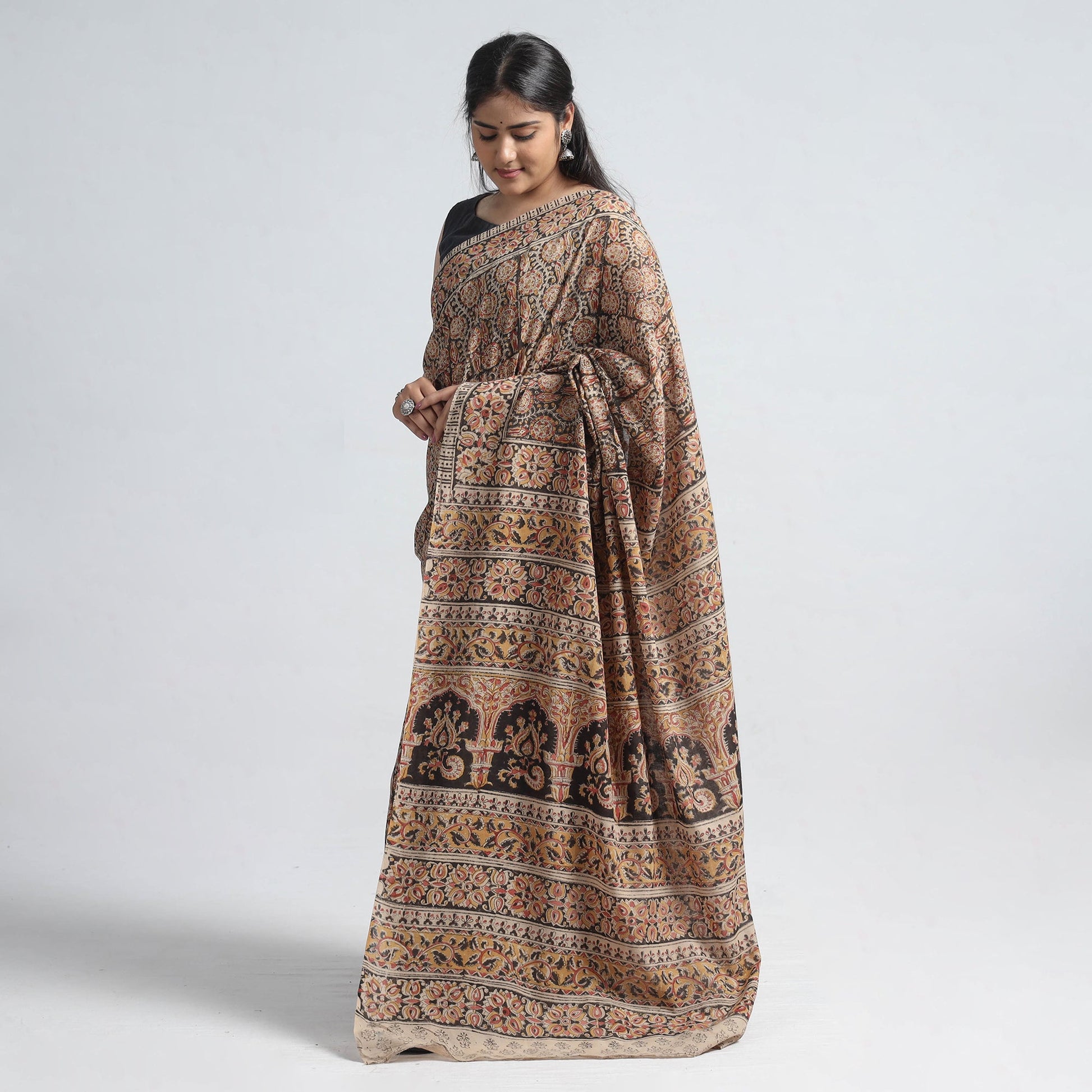 Brown - Pedana Block Print Cotton Kalamkari Saree