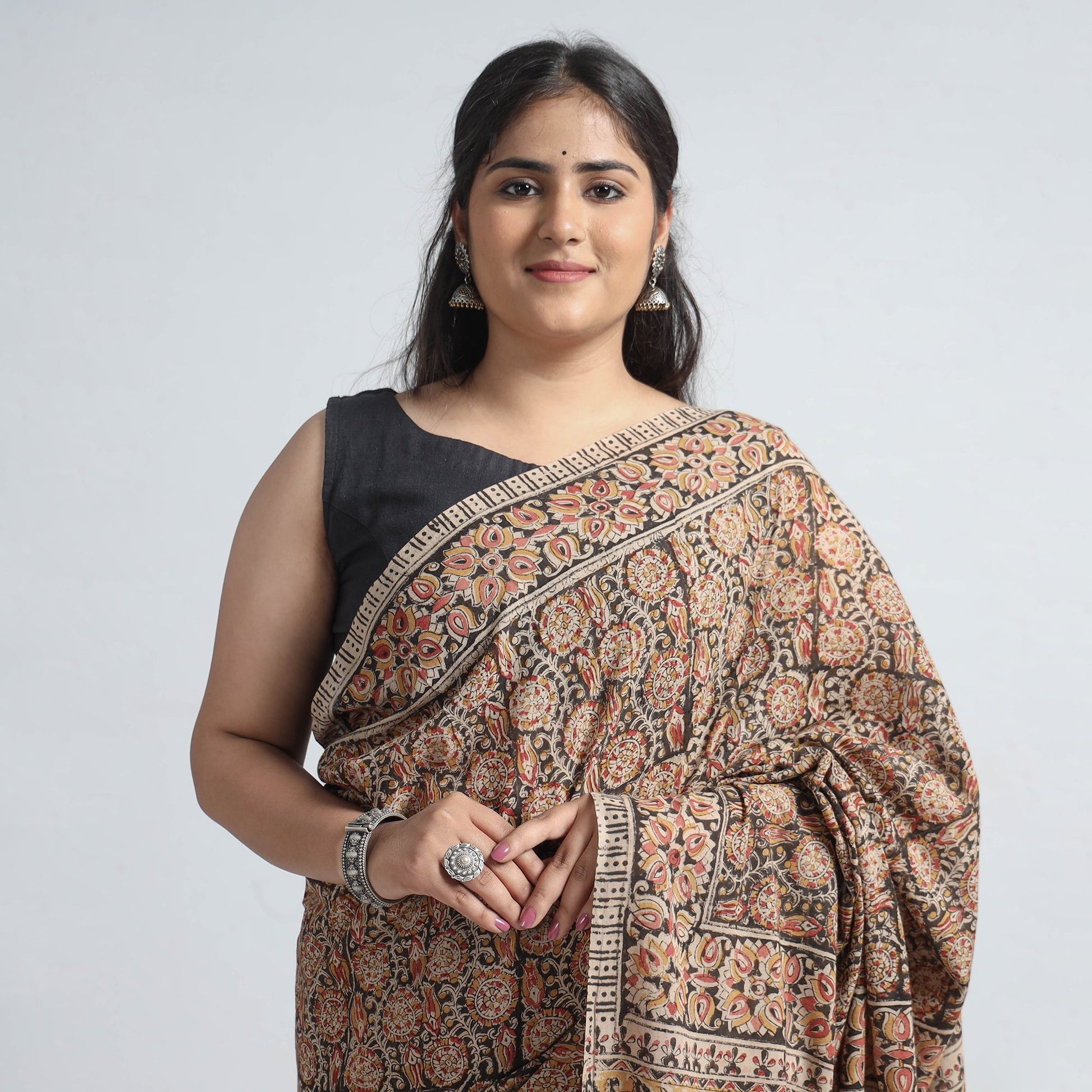 Brown - Pedana Block Print Cotton Kalamkari Saree