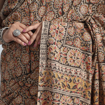 Brown - Pedana Block Print Cotton Kalamkari Saree