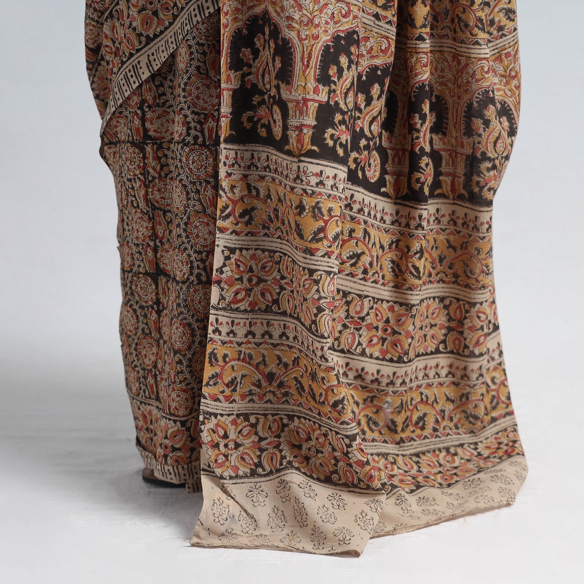 Brown - Pedana Block Print Cotton Kalamkari Saree