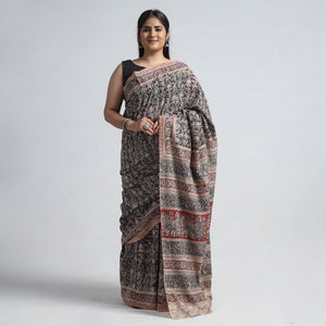 Black - Pedana Block Print Cotton Kalamkari Saree