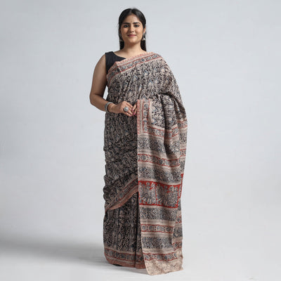 Black - Pedana Block Print Cotton Kalamkari Saree