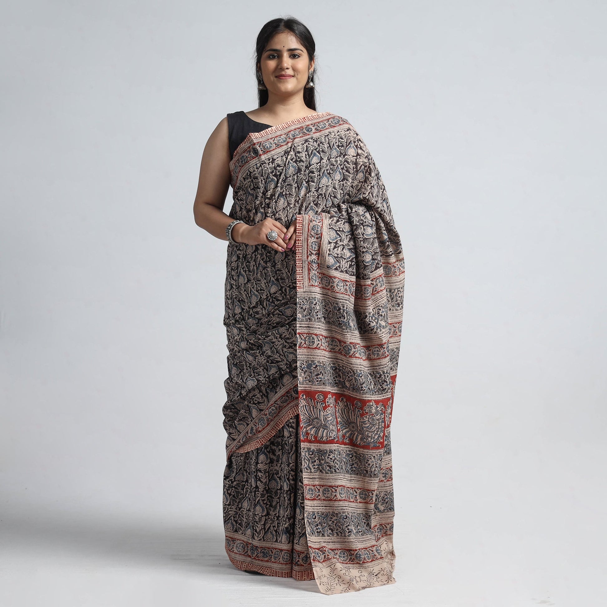 Black - Pedana Block Print Cotton Kalamkari Saree