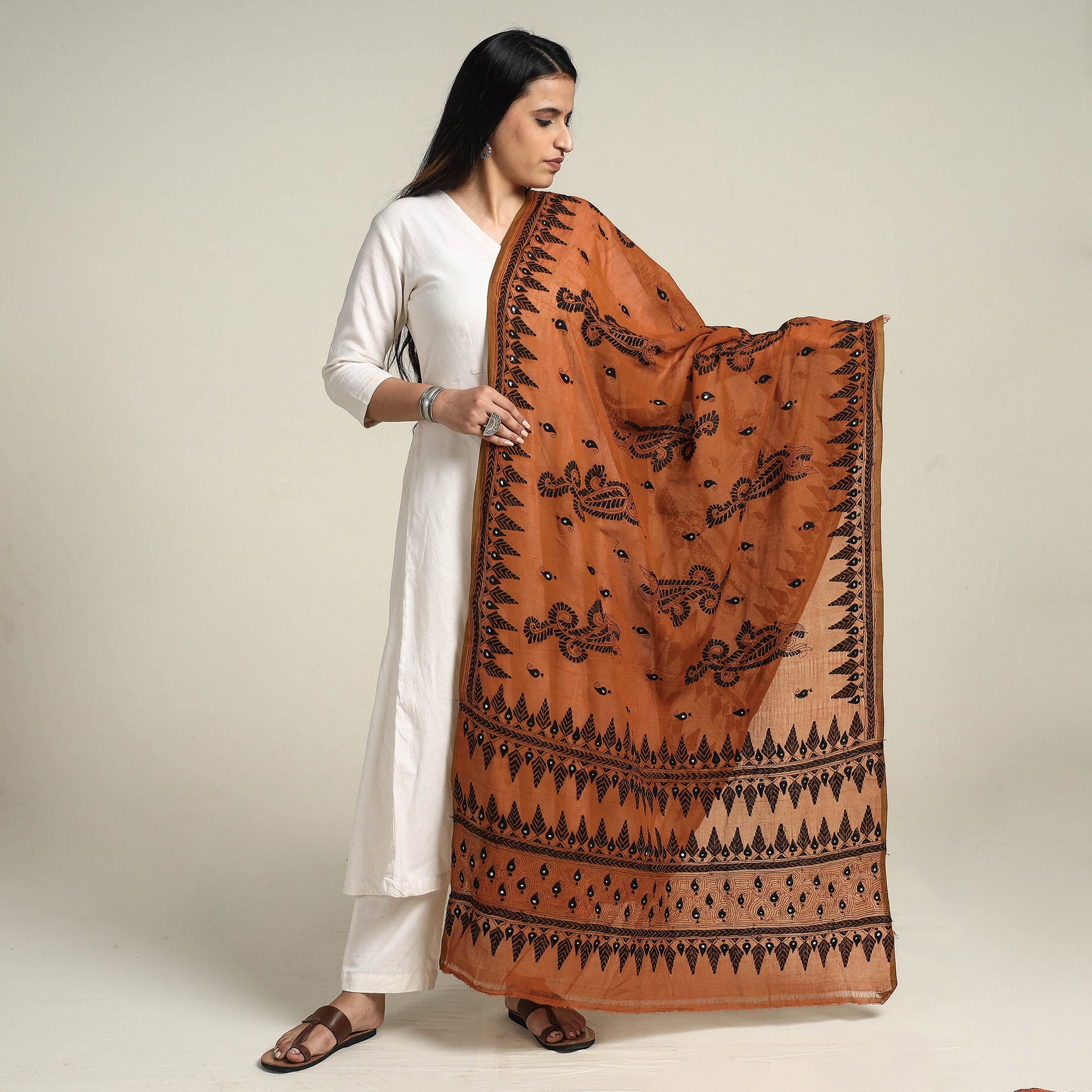 Brown - Bengal Kantha Embroidered Cotton Handloom Dupatta