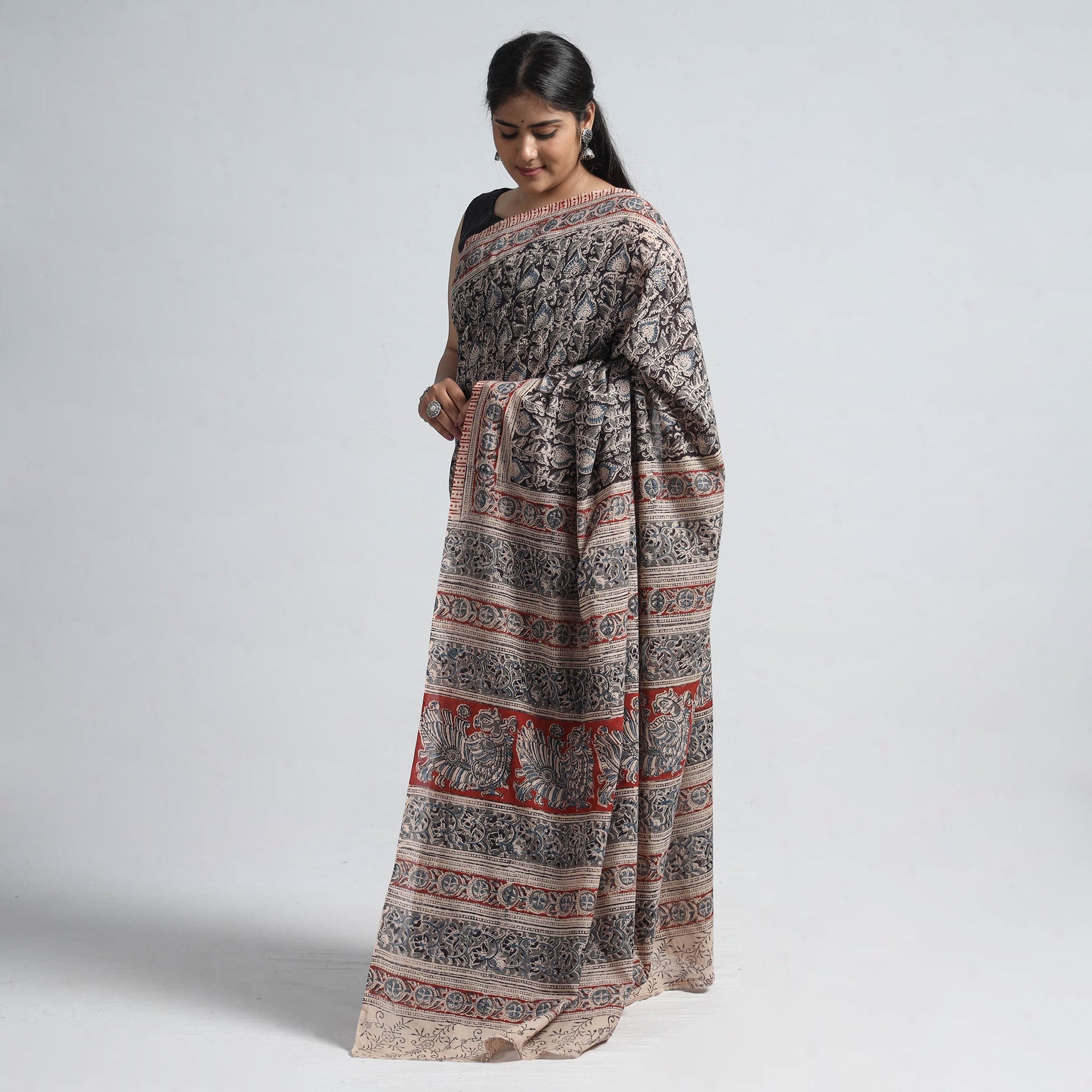 Black - Pedana Block Print Cotton Kalamkari Saree