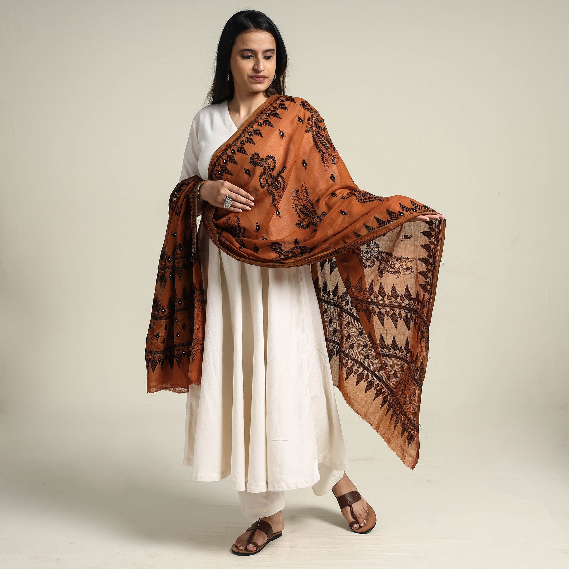 Brown - Bengal Kantha Embroidered Cotton Handloom Dupatta
