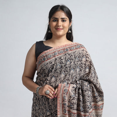 Black - Pedana Block Print Cotton Kalamkari Saree