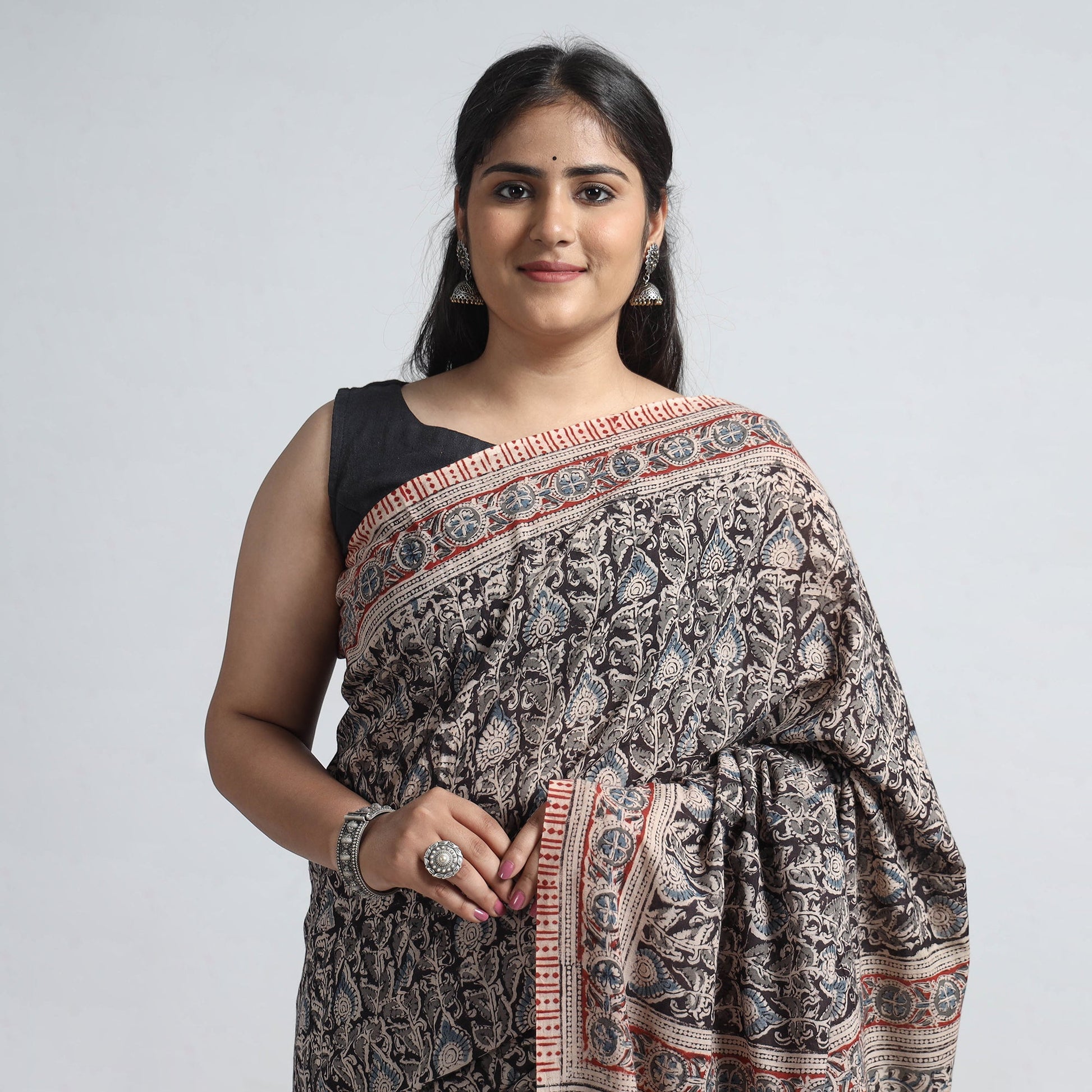 Black - Pedana Block Print Cotton Kalamkari Saree