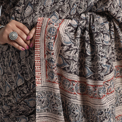 Black - Pedana Block Print Cotton Kalamkari Saree