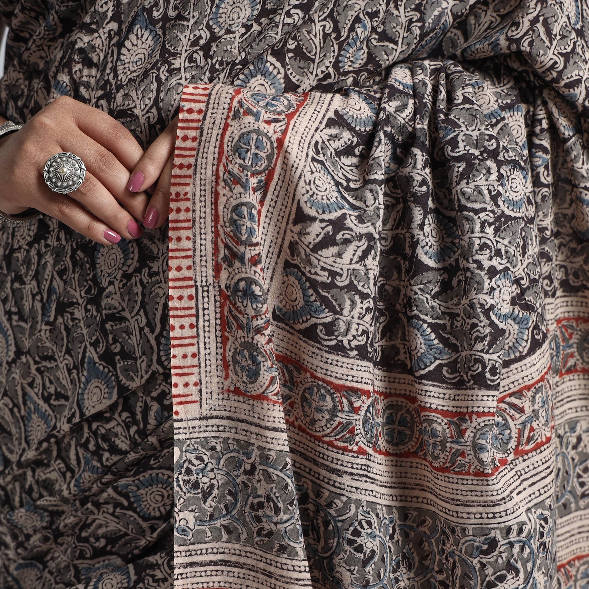 Black - Pedana Block Print Cotton Kalamkari Saree